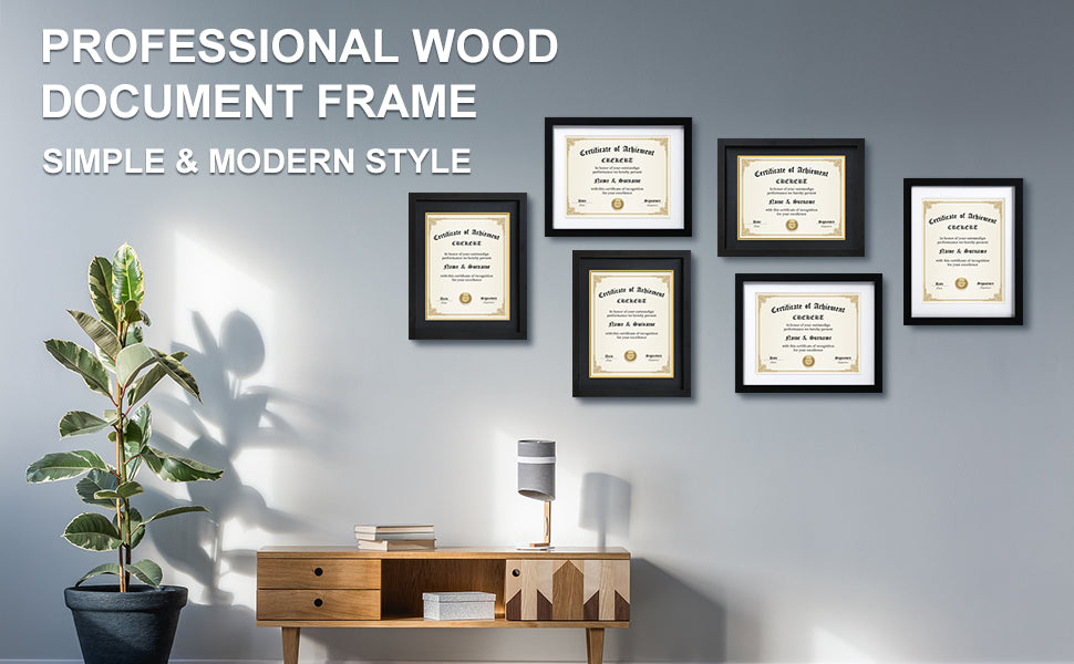 CREKERT Diploma Frame 11x14 Picture Frame Solid Wood Shatter-Resistant Glass for Documents Certificate Blackgold Frame 8.5x11 with Mat (Black Mat, 1 Pack)